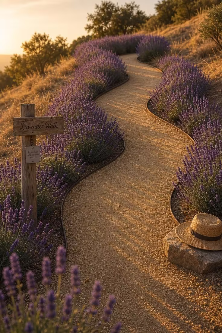 Meandering crushed granite path switching back through rows of blooming lavender on a gently sloped backyard in golden hour light