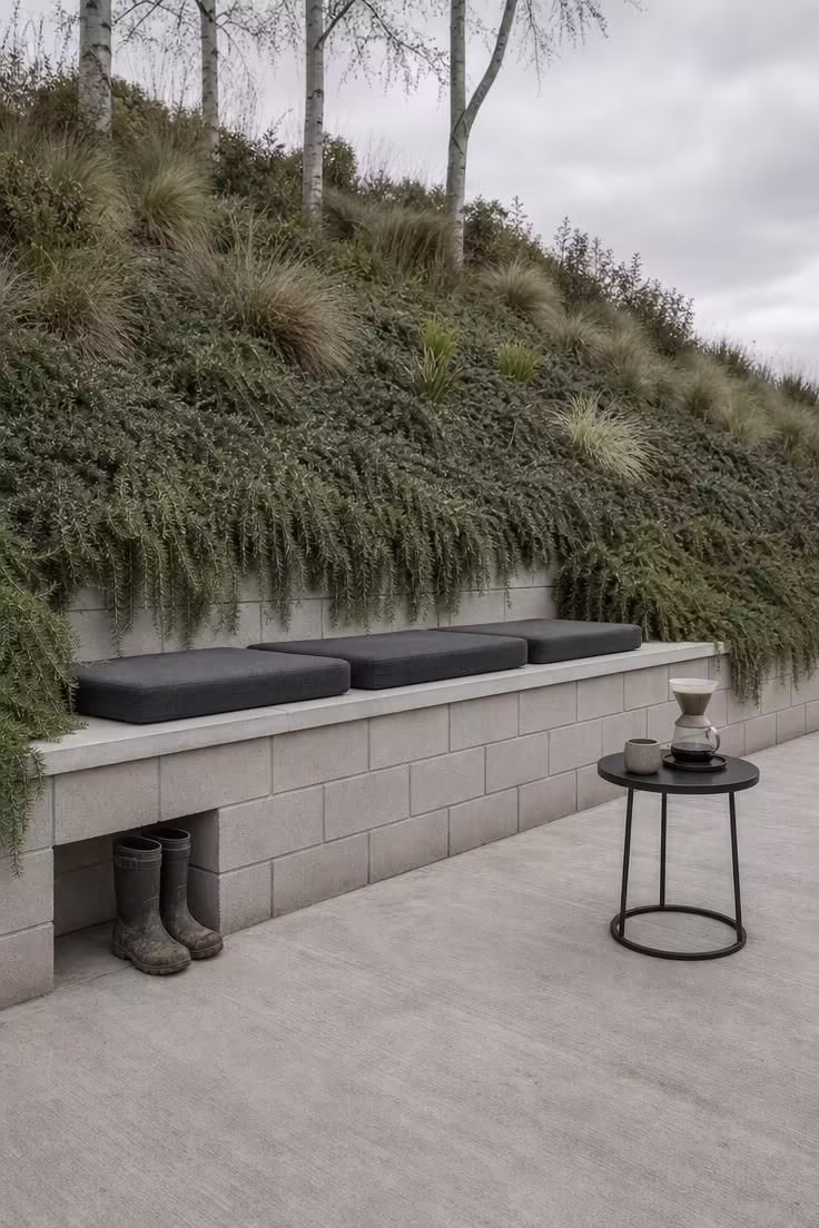 Concrete block seat wall built into a hillside slope with charcoal cushion pads and ornamental grasses under overcast morning light