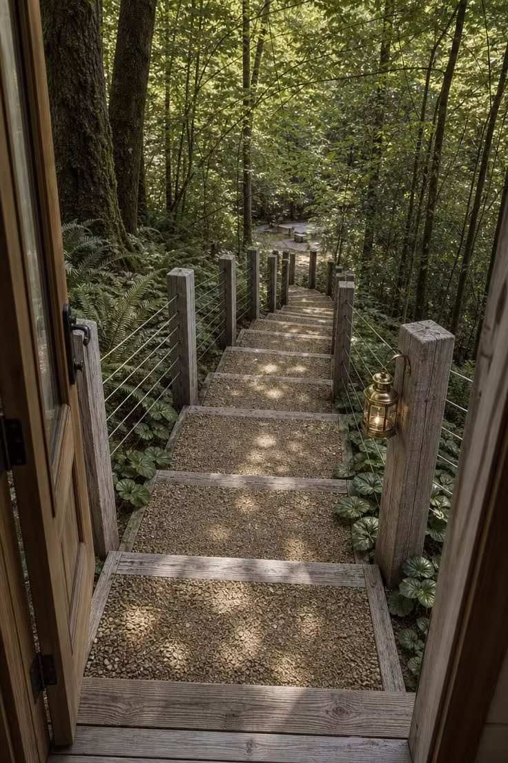 Gravel-and-timber stepped walkway with cedar post railing descending a wooded slope viewed from a raised deck threshold in soft diffused light