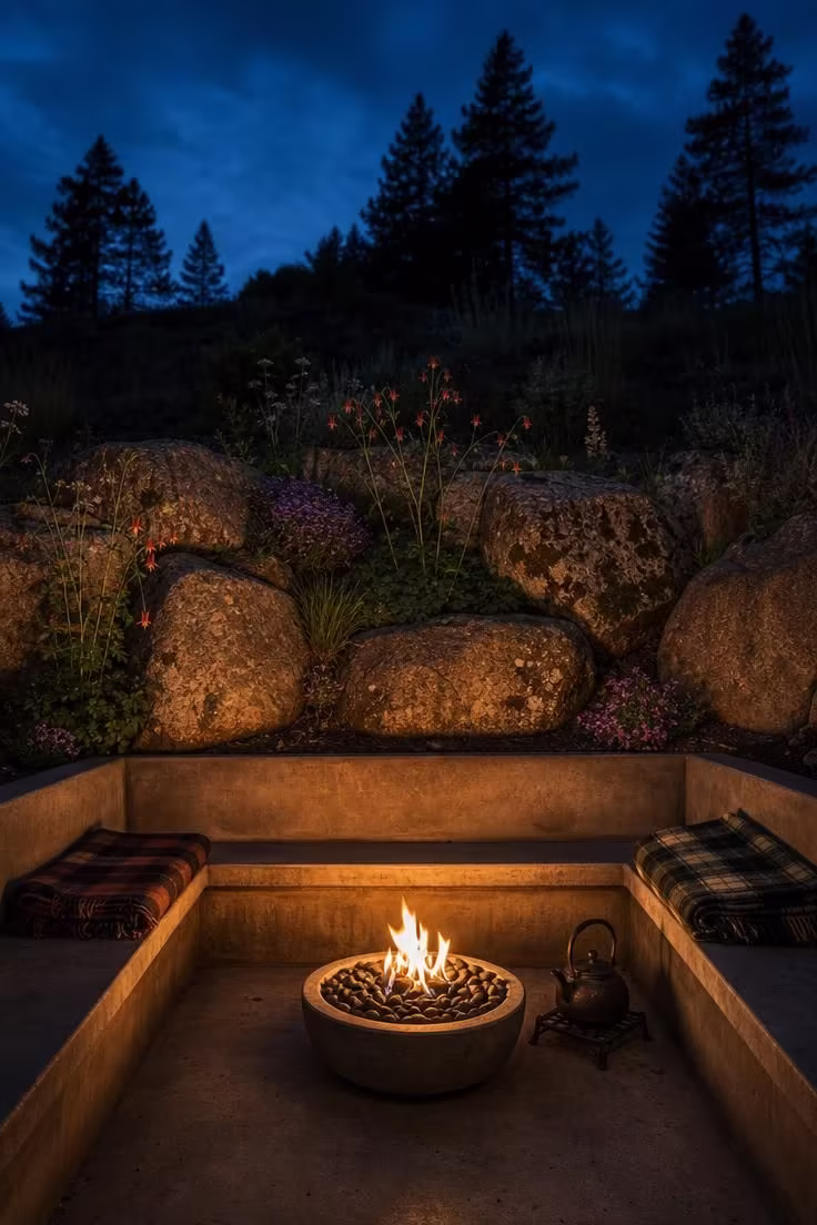 Sunken conversation pit with concrete bench seating and gas fire feature surrounded by granite boulders at the base of a slope in moody evening light