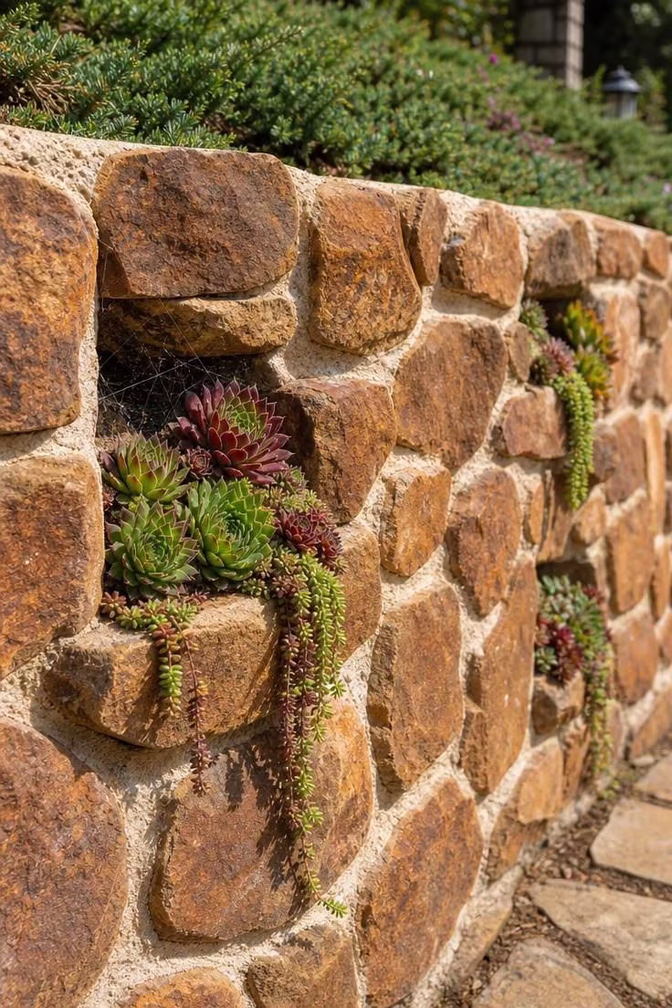 Close-up of a planter pocket in a mortared fieldstone retaining wall filled with hens-and-chicks succulents in bright midday light