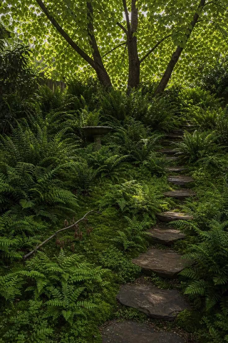 Native fern and moss ground cover on a shaded backyard slope beneath Eastern redbud trees in soft diffused light with a slate stepping-stone path