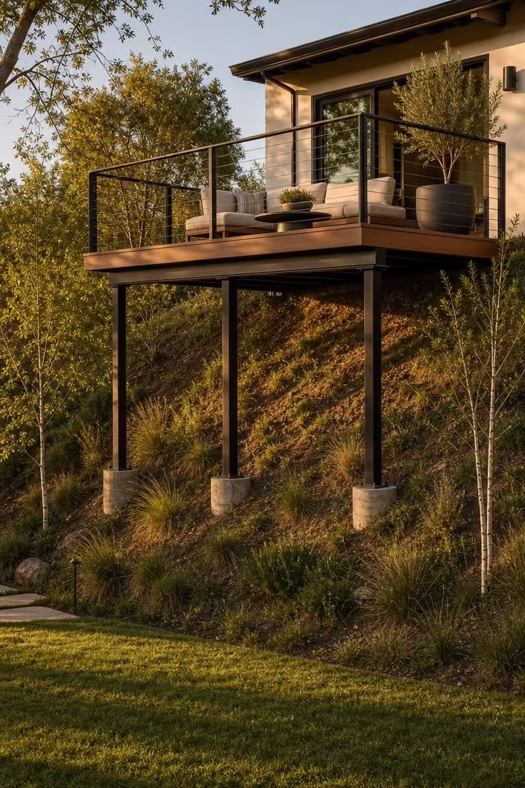 Floating composite deck on steel posts cantilevered over a steep backyard slope in warm late-afternoon golden light with modern outdoor furniture