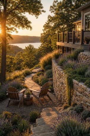 Beautifully landscaped sloped backyard with terraced limestone walls, a winding stone pathway, lavender plantings, and a pea gravel patio in warm golden-hour light