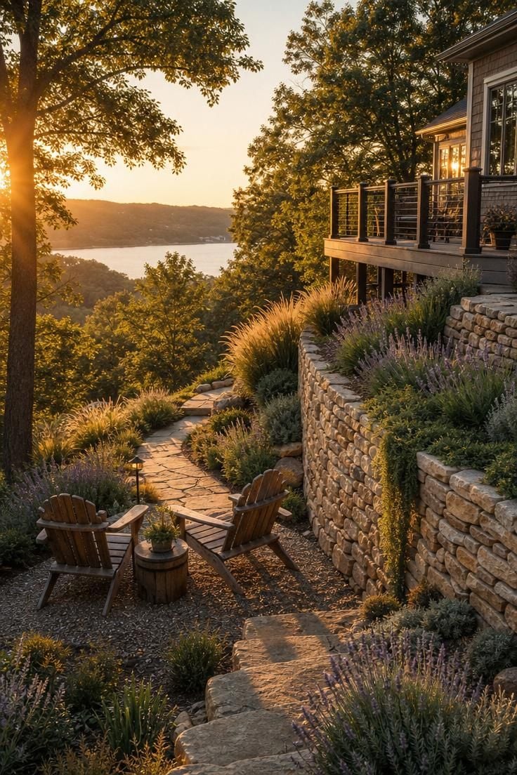 Simple Spaces 15 Beautifully landscaped sloped backyard with terraced limestone walls, a winding stone pathway, lavender plantings, and a pea gravel patio in warm golden-hour light