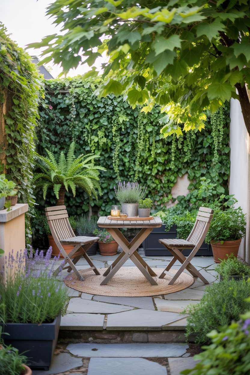 Cozy stone patio with wooden table, chairs, and surrounding herb gardens