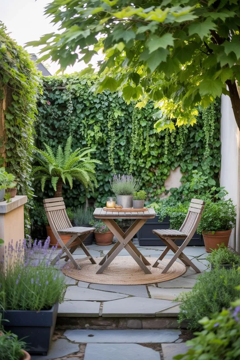29 Beautiful Small Backyard Ideas for Cozy Outdoor Spaces 1 Cozy stone patio with wooden table, chairs, and surrounding herb gardens