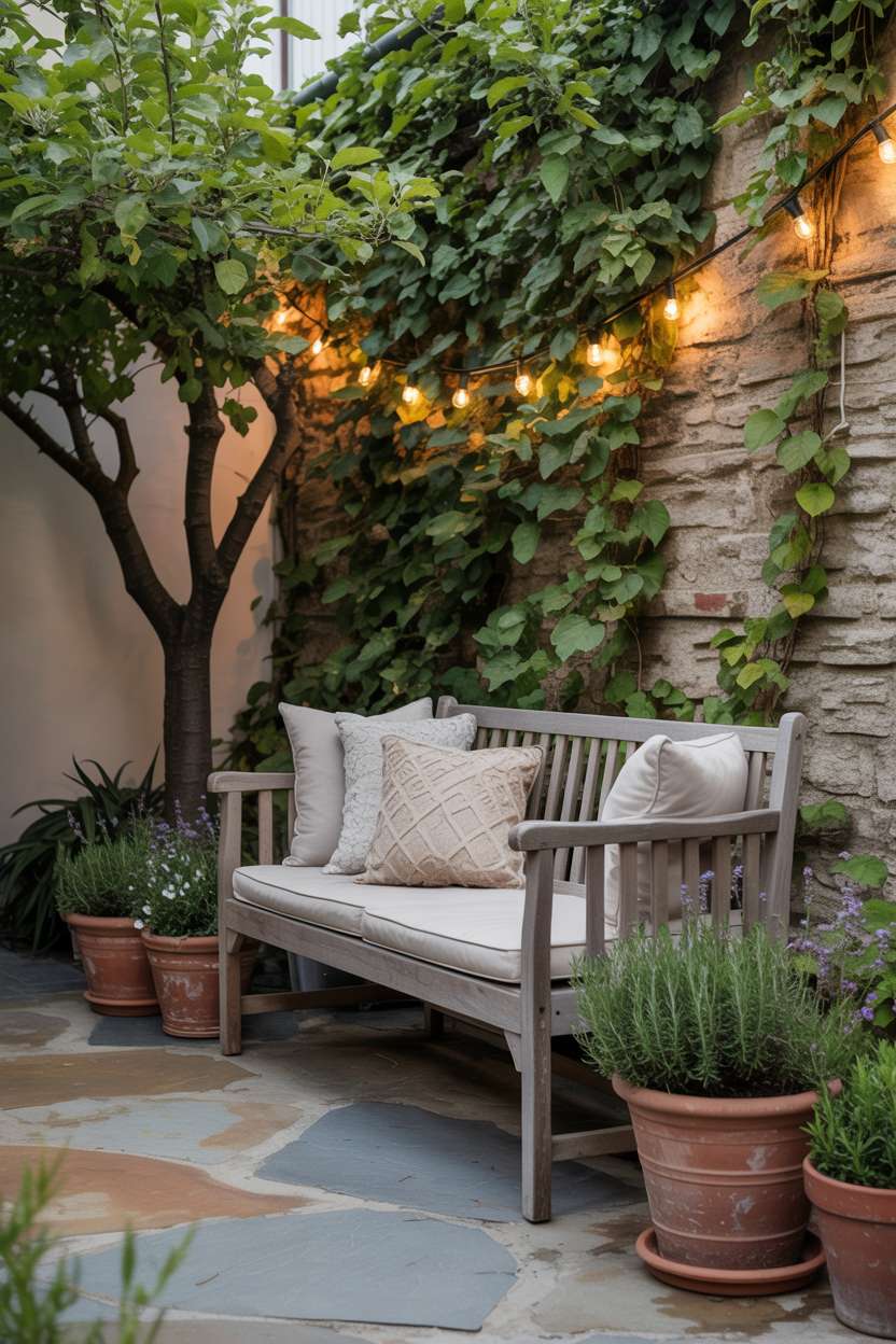 Wooden bench against ivy-covered stone wall with string lights and lavender plants