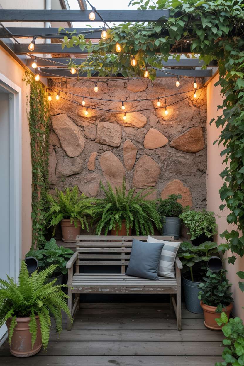 Wooden bench surrounded by ferns under pergola with string lights