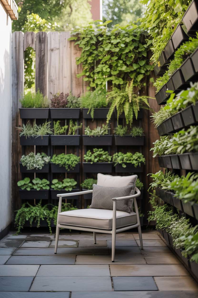 White modern armchair facing green vertical garden wall with stacked planters