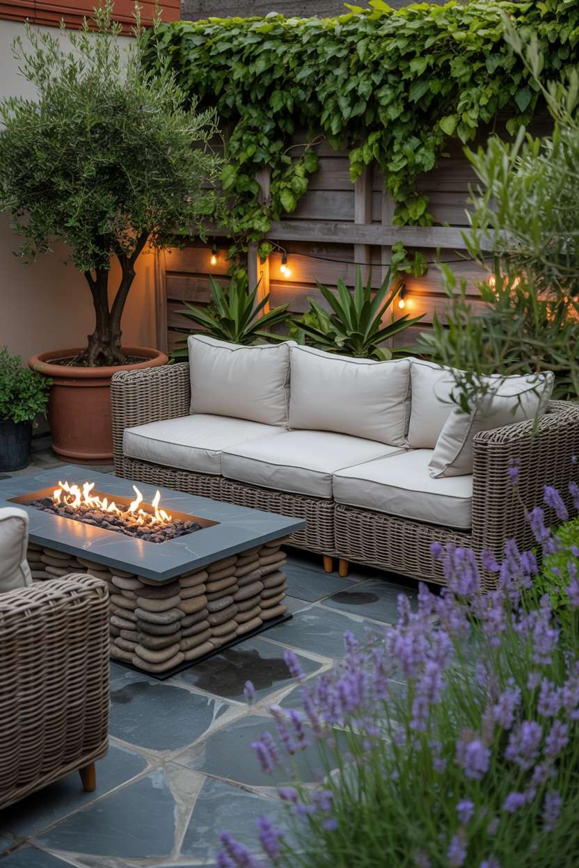 Rattan sectional sofa around modern fire pit with olive trees and lavender