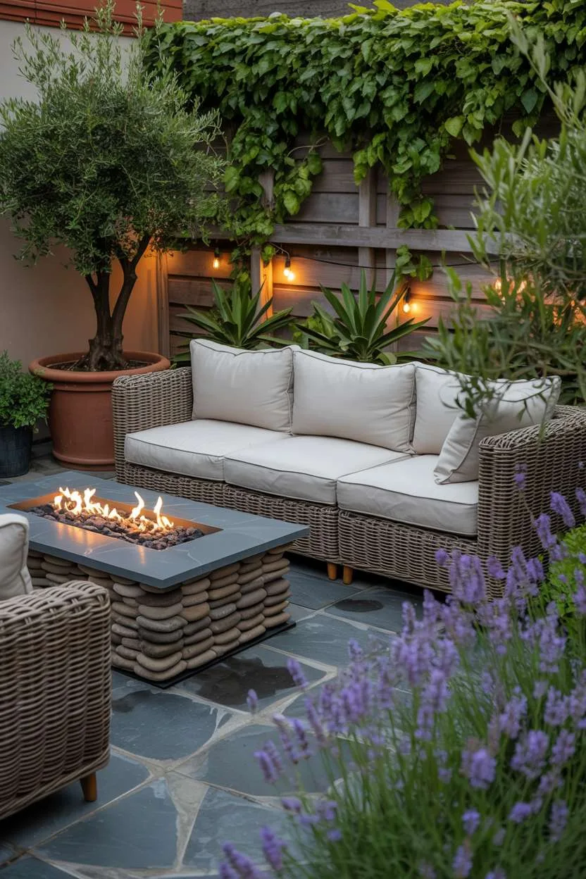 29 Beautiful Small Backyard Ideas for Cozy Outdoor Spaces 5 Rattan sectional sofa around modern fire pit with olive trees and lavender
