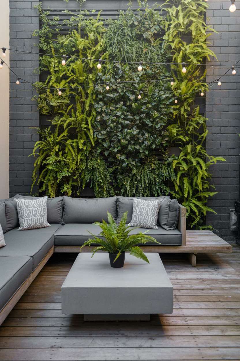 Grey sectional sofa with concrete coffee table and vertical garden wall backdrop
