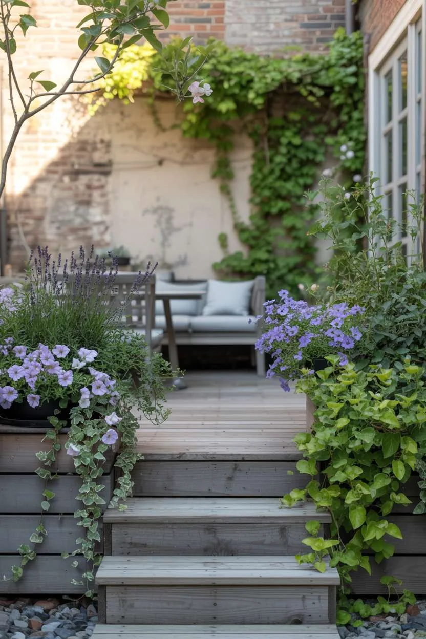 29 Beautiful Small Backyard Ideas for Cozy Outdoor Spaces 17 Wooden deck with overflowing planters filled with lavender, petunias, and trailing ivy