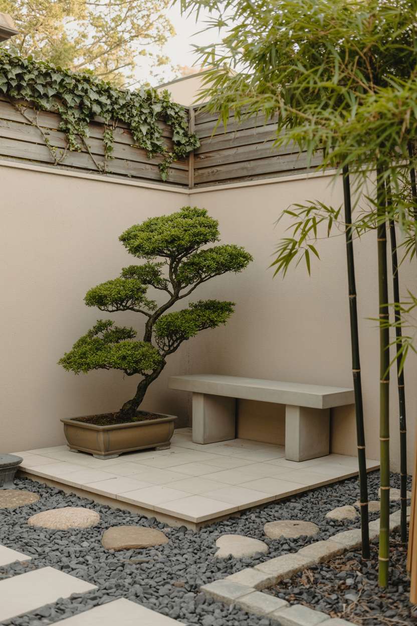 Rectangular stone patio with bonsai tree, concrete bench, and raked gravel garden