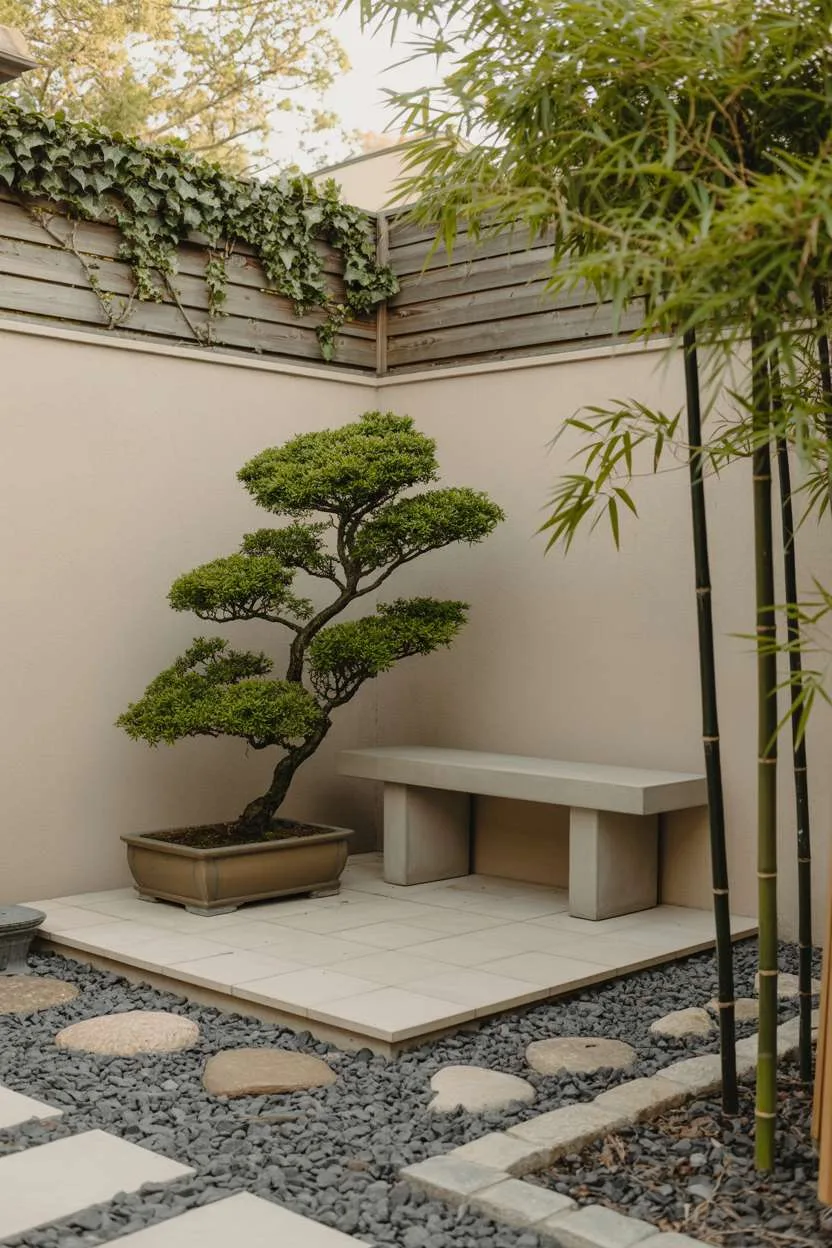 29 Beautiful Small Backyard Ideas for Cozy Outdoor Spaces 21 Rectangular stone patio with bonsai tree, concrete bench, and raked gravel garden