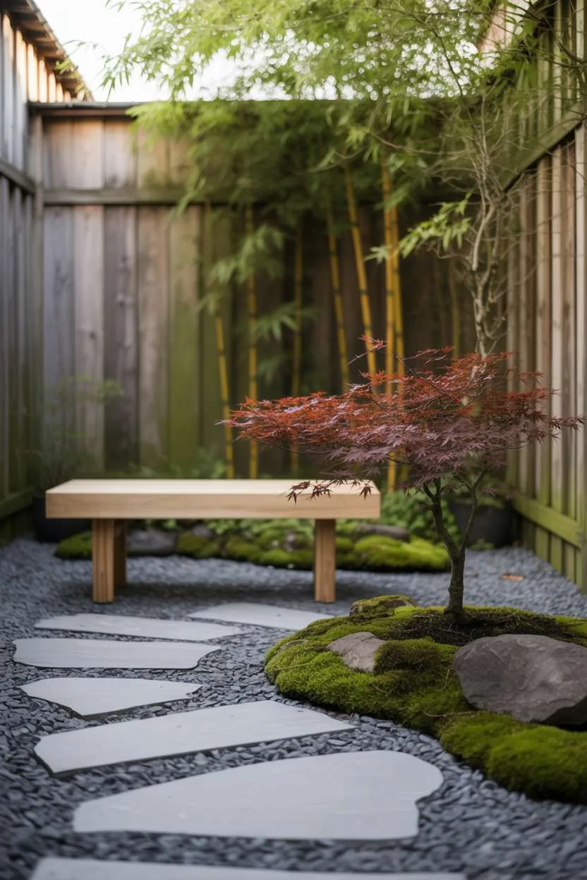 29 Beautiful Small Backyard Ideas for Cozy Outdoor Spaces 22 Grey stone pathway through raked gravel garden with moss-covered rocks and bonsai maple