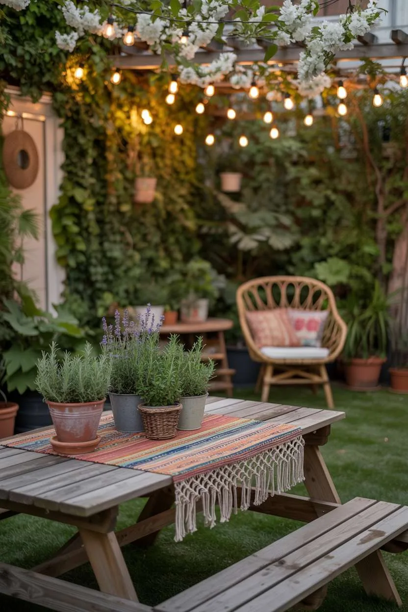 29 Beautiful Small Backyard Ideas for Cozy Outdoor Spaces 24 Wooden picnic table with macrame tablecloth and potted herbs surrounded by string lights