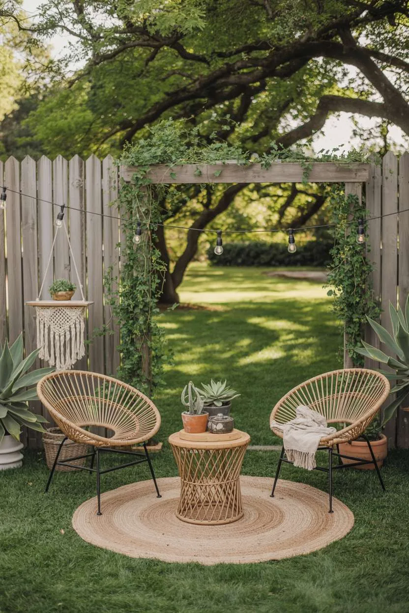 29 Beautiful Small Backyard Ideas for Cozy Outdoor Spaces 25 Circular seating area with rattan chairs and wooden table on jute rug