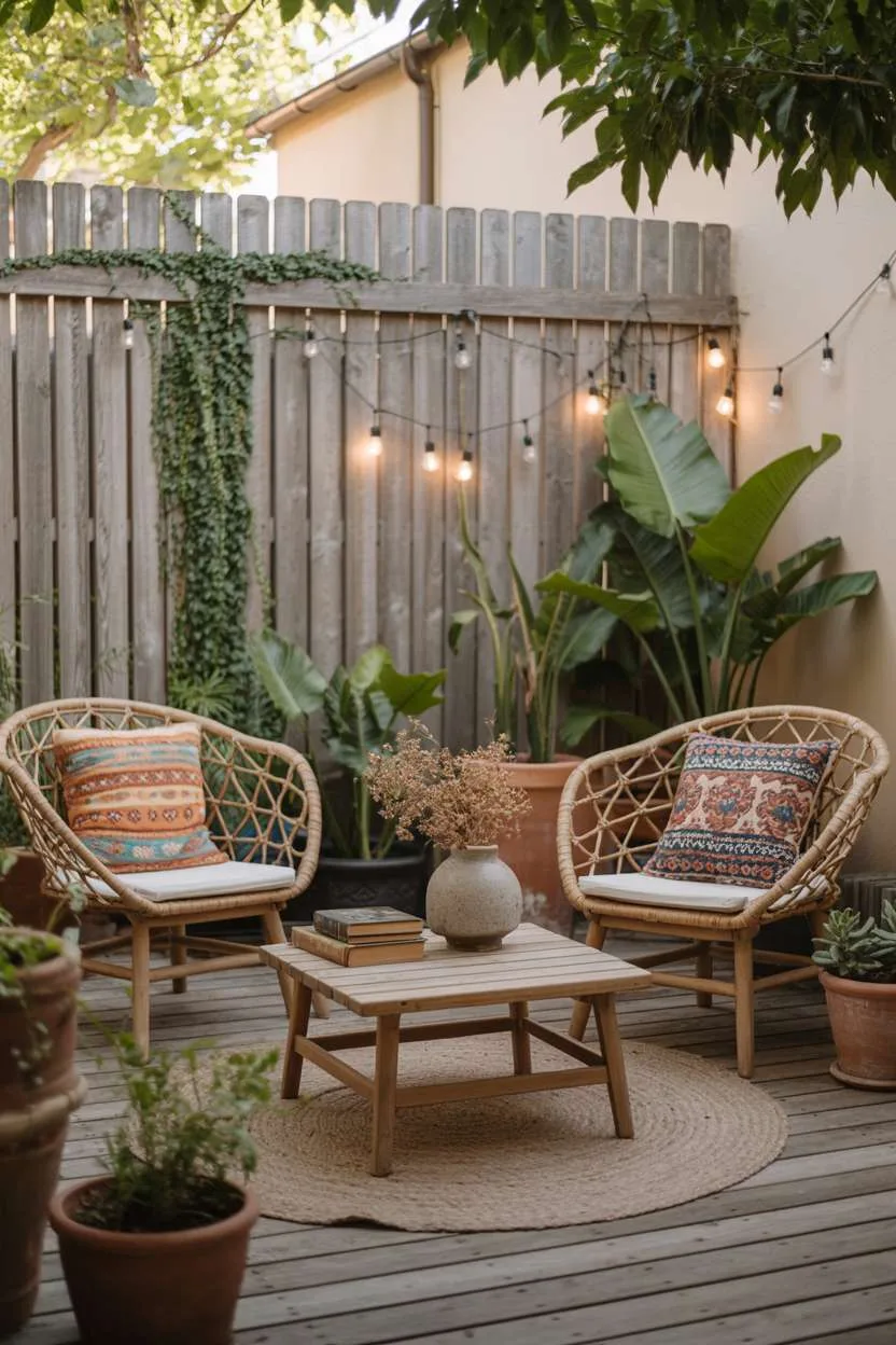 29 Beautiful Small Backyard Ideas for Cozy Outdoor Spaces 28 Circular seating area with rattan chairs, wooden coffee table with vintage books and dried flowers