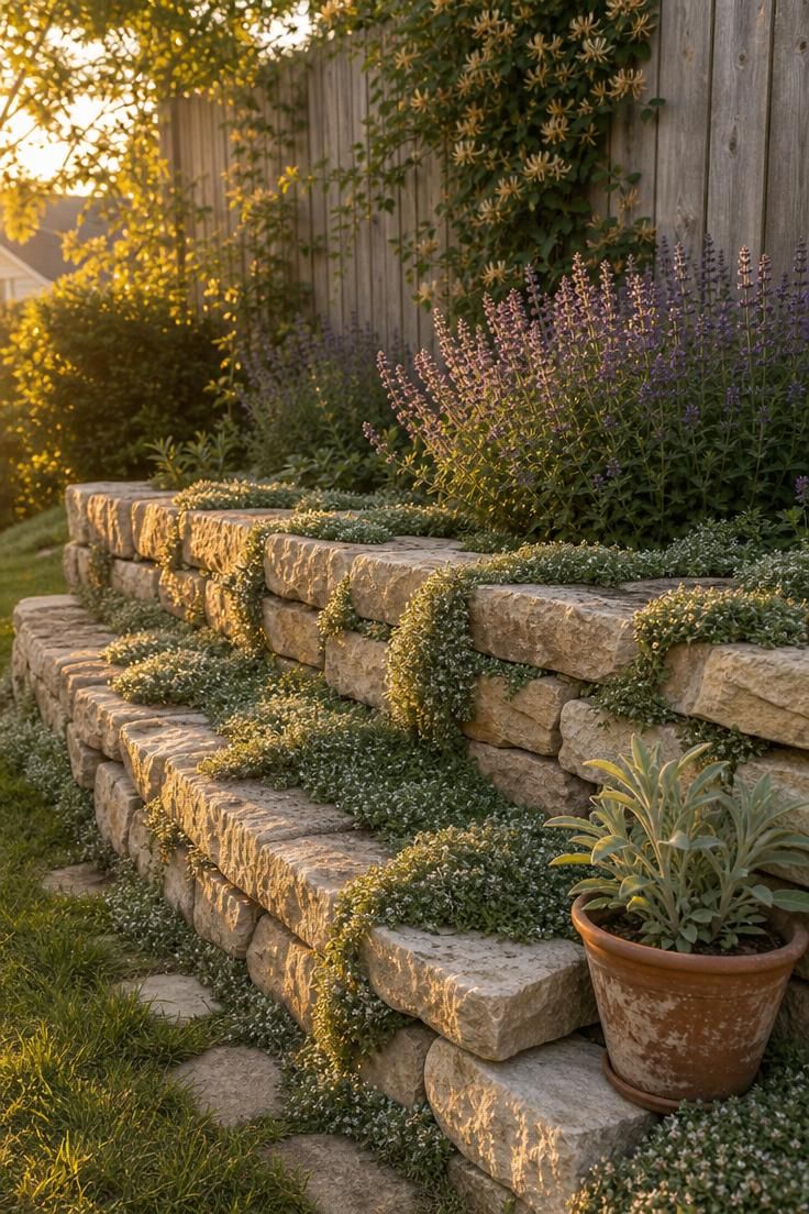 15 Fresh Small Backyard Landscaping Ideas to Try Now 1 Stacked limestone terraces with creeping woolly thyme spilling over edges in warm golden afternoon light