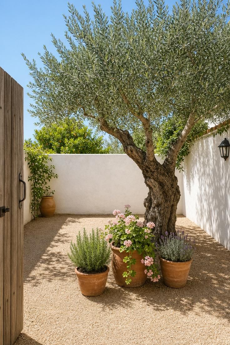 15 Fresh Small Backyard Landscaping Ideas to Try Now 2 A narrow gravel courtyard with a single olive tree and terracotta pots in bright midday sunlight