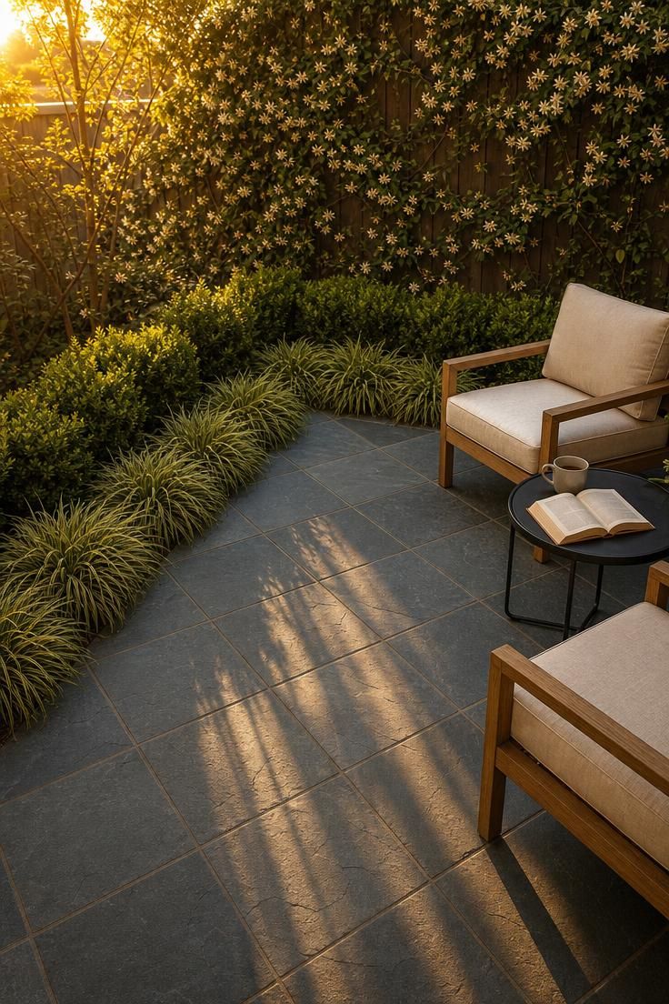 15 Fresh Small Backyard Landscaping Ideas to Try Now 4 Bluestone pavers laid on a diagonal across a small backyard patio in warm golden-hour light