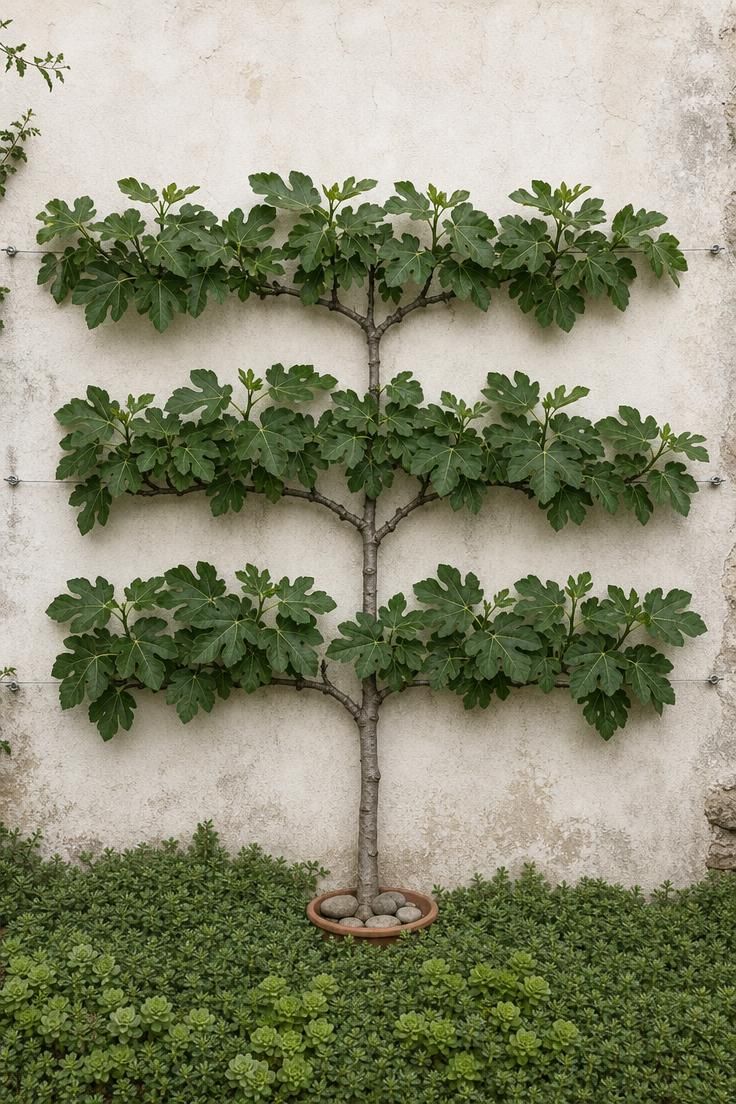 15 Fresh Small Backyard Landscaping Ideas to Try Now 5 An espaliered fig tree trained in horizontal tiers against a white stucco wall on a cool overcast morning