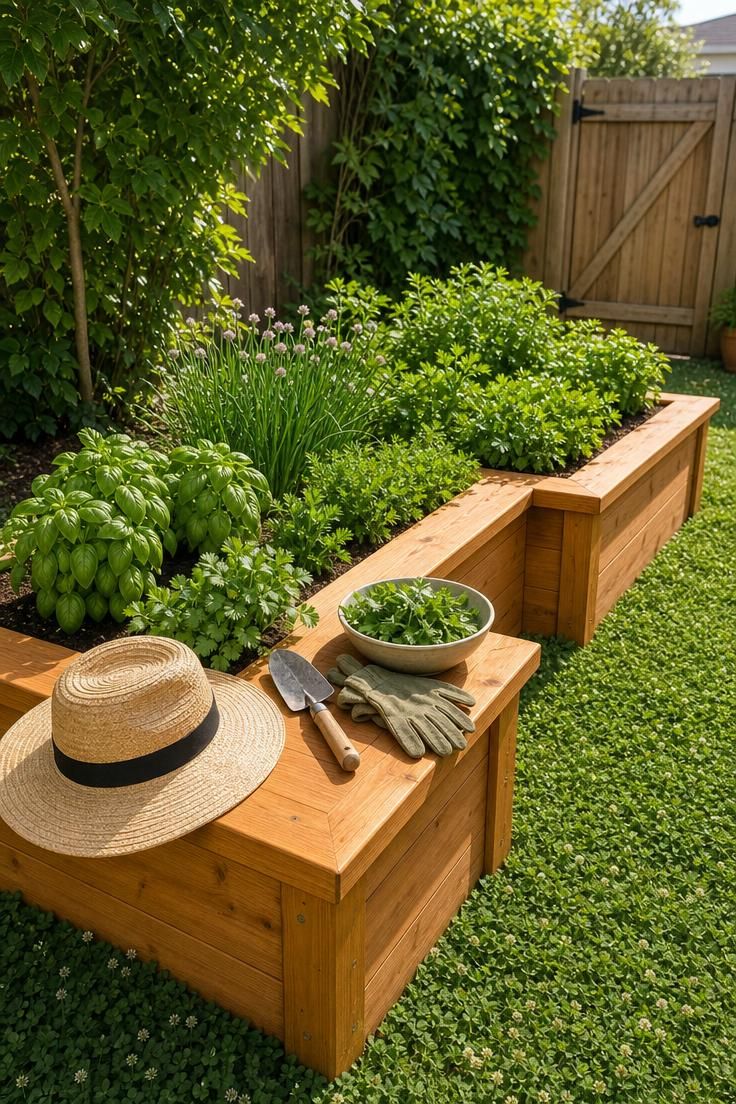 15 Fresh Small Backyard Landscaping Ideas to Try Now 6 An L-shaped raised cedar garden bed with integrated bench seating filled with fresh herbs in bright midday light