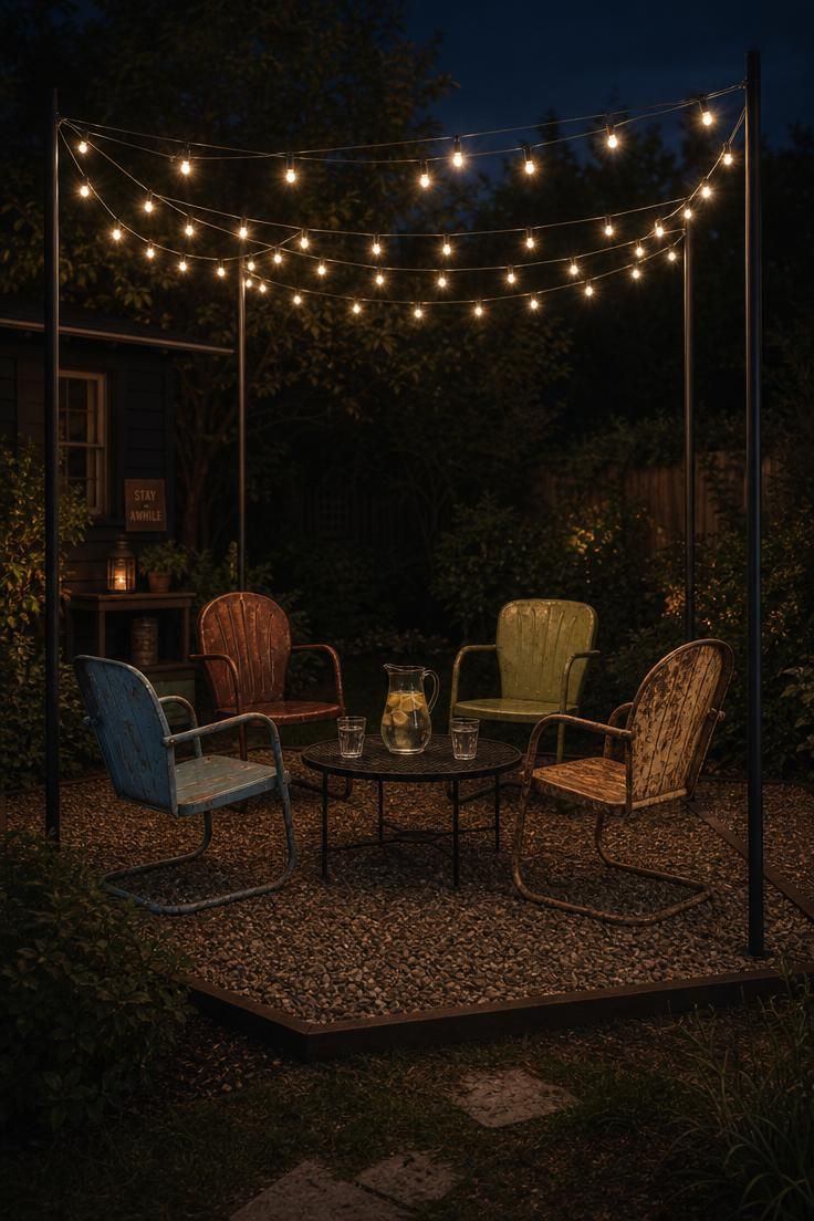 15 Fresh Small Backyard Landscaping Ideas to Try Now 8 String lights on black iron poles over a pea gravel pad with vintage metal chairs in moody evening light