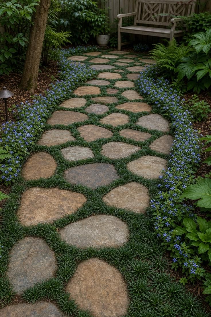 15 Fresh Small Backyard Landscaping Ideas to Try Now 9 A curving fieldstone path through dwarf mondo grass and blue star creeper in soft diffused light