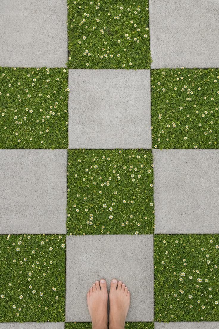 15 Fresh Small Backyard Landscaping Ideas to Try Now 14 A checkerboard patio of concrete pavers and low Roman chamomile viewed from directly overhead in soft diffused light