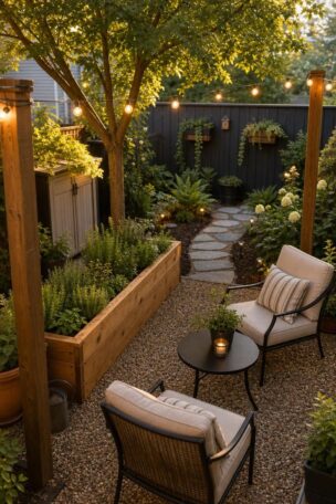 A cohesive small backyard with gravel patio, raised herb bed, string lights, and a curved stone path in warm late-afternoon light