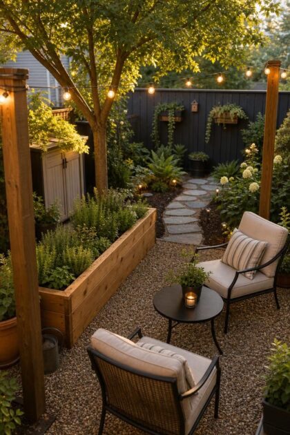 15 Fresh Small Backyard Landscaping Ideas to Try Now A cohesive small backyard with gravel patio, raised herb bed, string lights, and a curved stone path in warm late-afternoon light