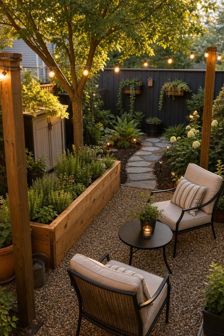 A cohesive small backyard with gravel patio, raised herb bed, string lights, and a curved stone path in warm late-afternoon light