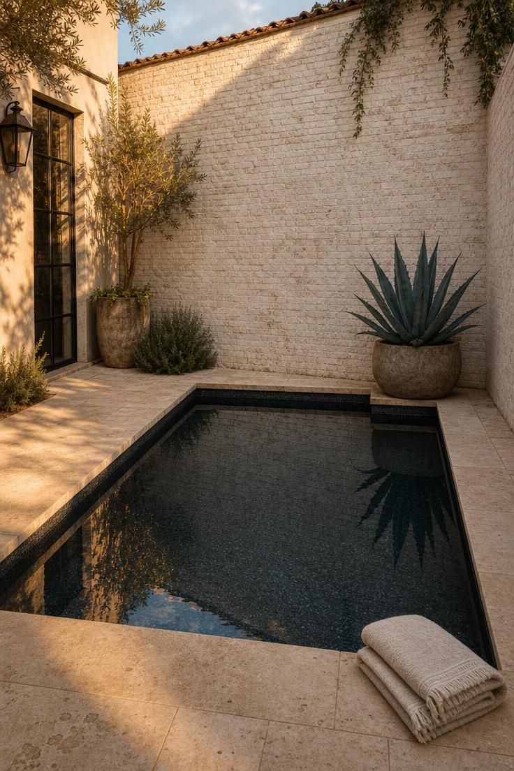 A charcoal pebble plunge pool glowing under golden afternoon light against a whitewashed brick wall with travertine coping and a potted agave.