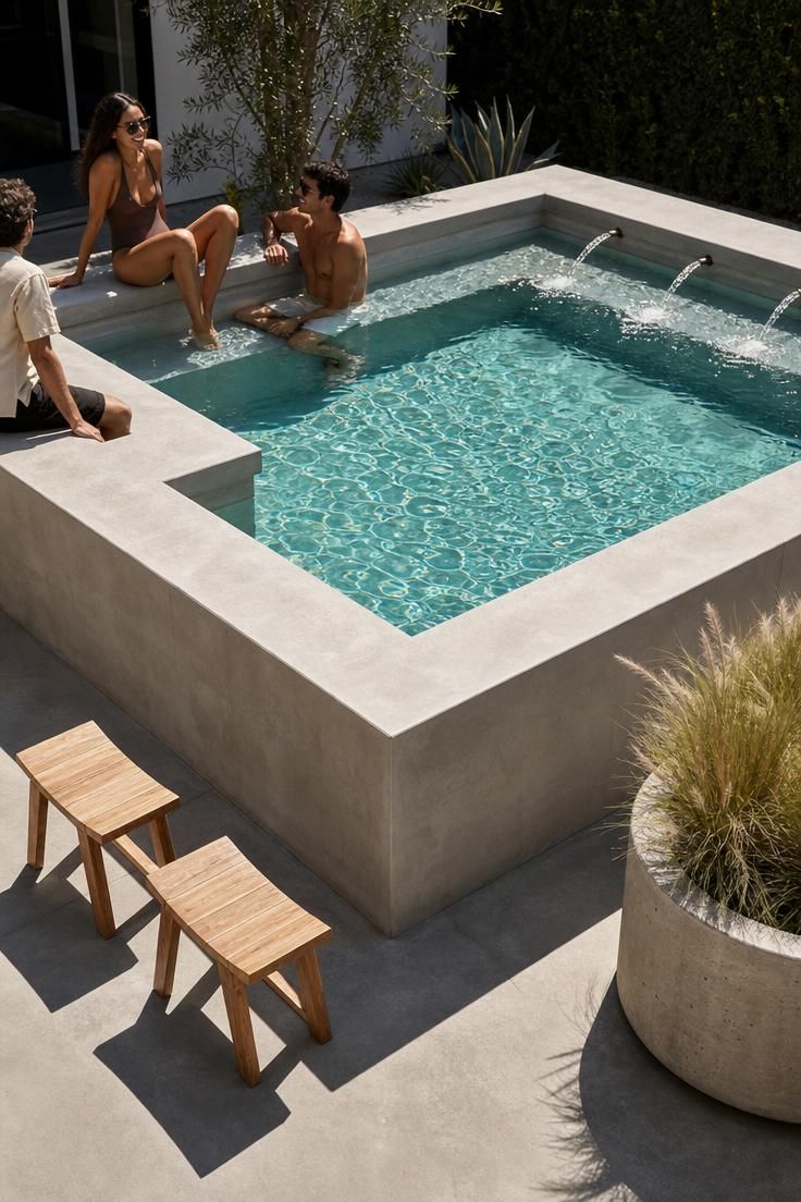 A raised concrete cocktail pool with built-in bench and bubbler jets viewed from above under bright midday sunlight on a brushed concrete patio.