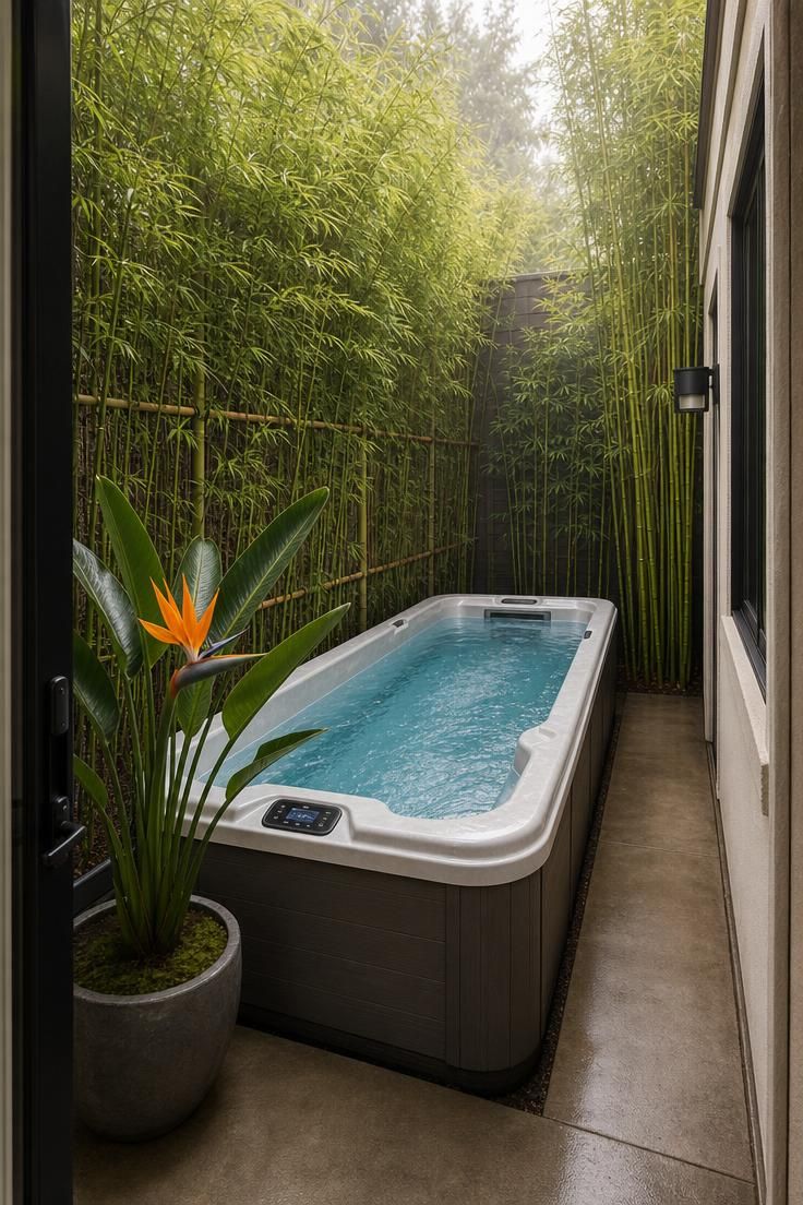 A fiberglass swim spa in a narrow side yard corridor framed by tall bamboo screening panels under soft diffused light.