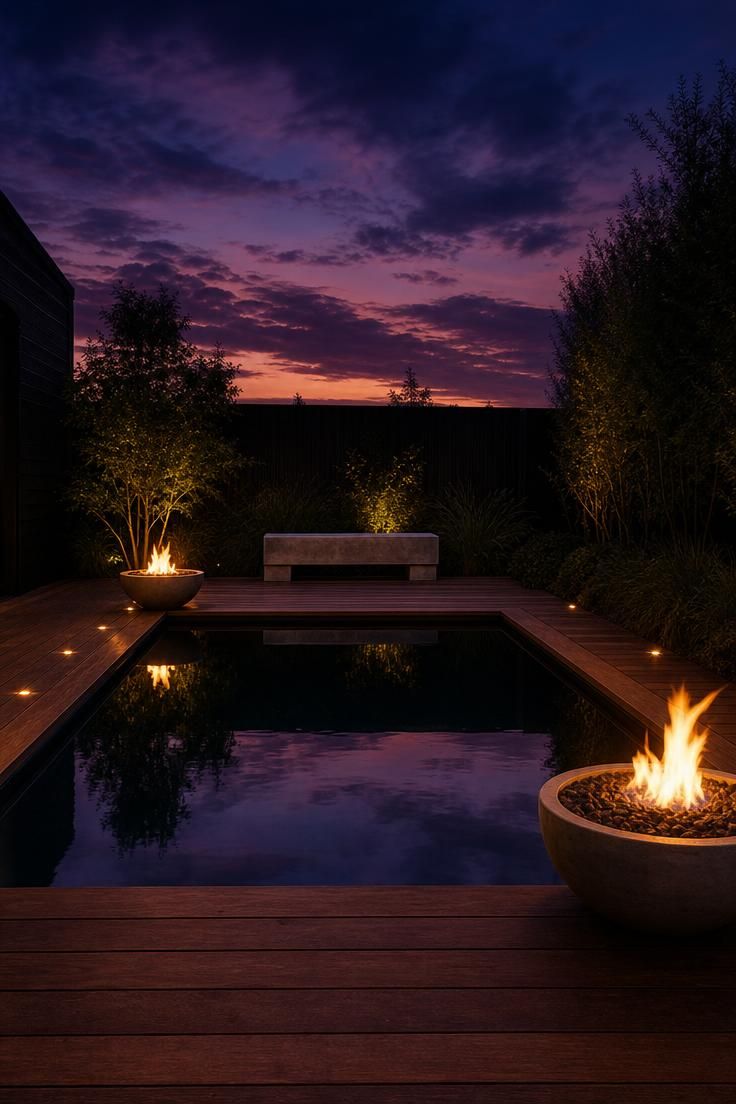 A black-bottomed rectangular pool with ipe wood surround and two fire bowls reflected in dark water at dusk.