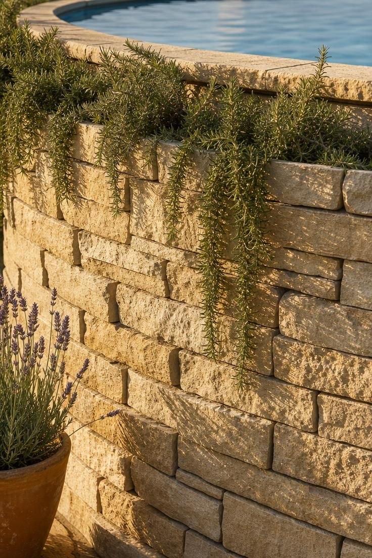 Close-up of a round above ground pool clad in stacked limestone veneer with trailing rosemary and golden afternoon light.