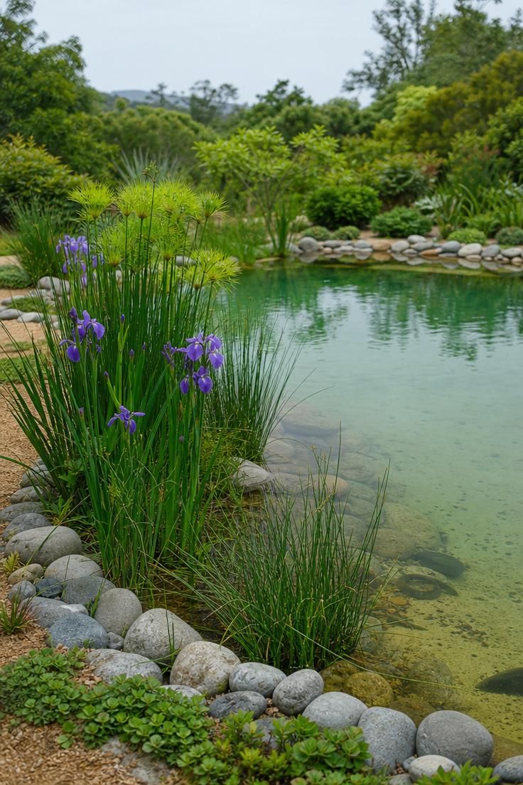 A small natural bio pool with a planted bog shelf of water irises and rushes edged in smooth river stones under soft diffused light.
