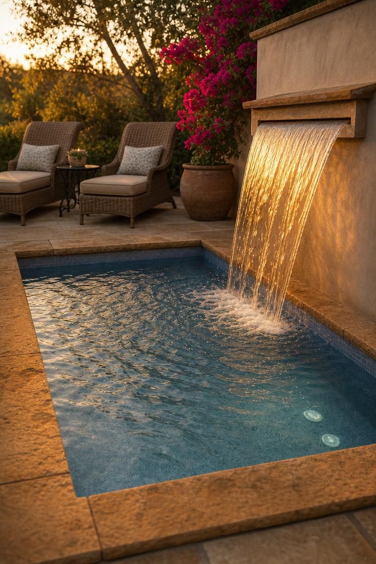 A heated cocktail pool with sandstone coping and a sheer descent waterfall glowing in golden afternoon light.
