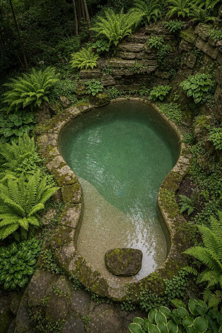 Overhead view of a freeform kidney-shaped pool with moss rock coping set into a sloped hillside with ferns and hostas.