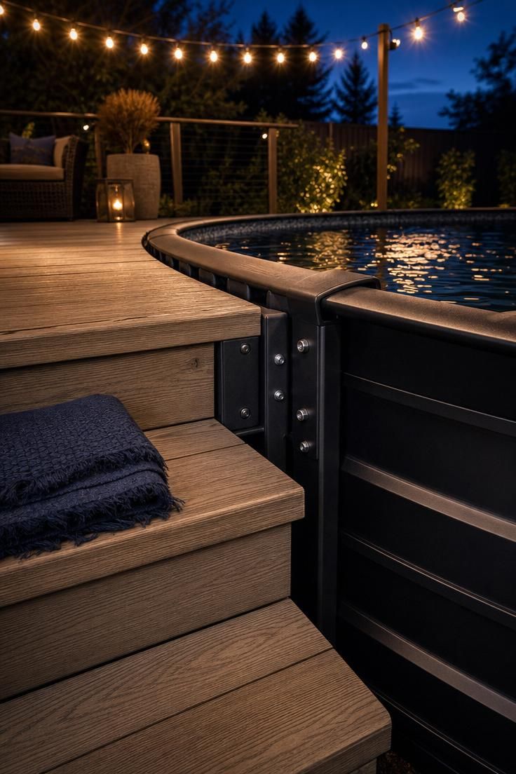 Close-up of a matte black steel frame above ground pool with composite deck steps and warm string lights at twilight.