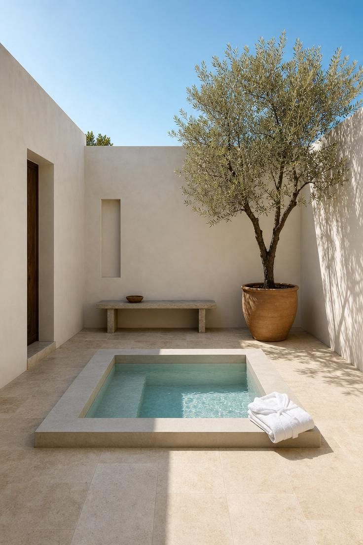 A square polished concrete soaking pool in a walled courtyard with a single olive tree in a terracotta pot under bright midday sun.