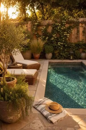 13 Small Backyard Pools That Feel Like a Private Oasis 16 A compact backyard pool with blue-green pebble interior on a stone patio surrounded by potted plants and lounge chairs under golden afternoon light.