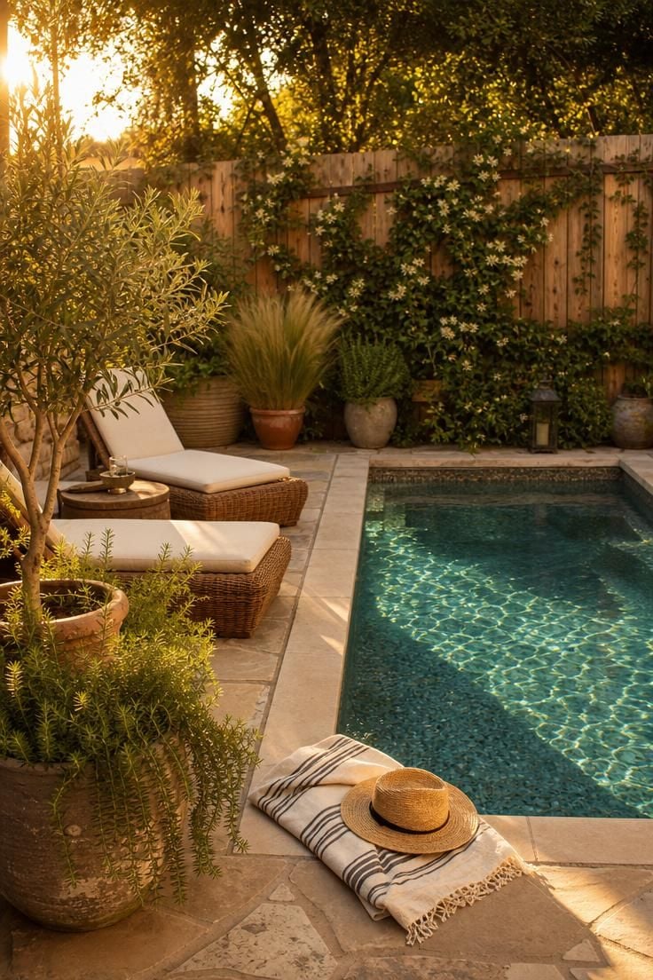 A compact backyard pool with blue-green pebble interior on a stone patio surrounded by potted plants and lounge chairs under golden afternoon light.