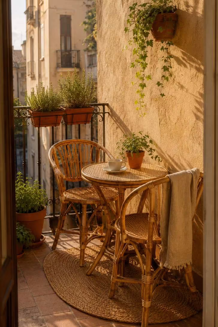 Rattan bistro set on a small sunlit balcony with terracotta tiles and trailing ivy