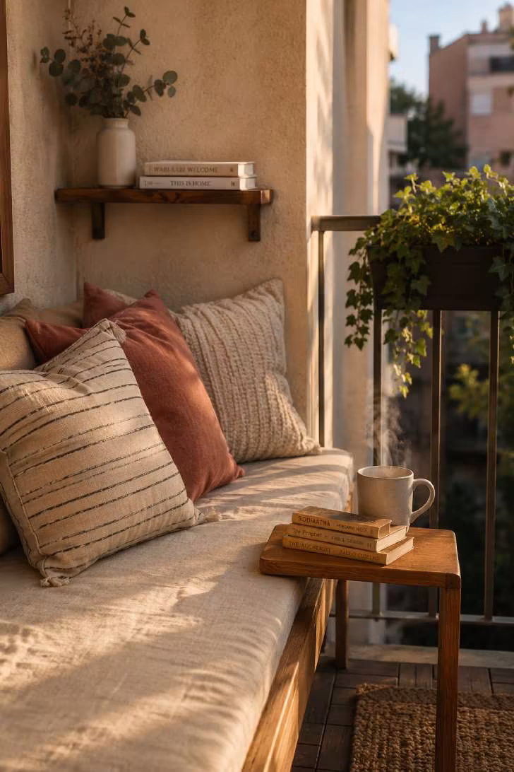 Cozy balcony reading nook with cushioned bench, C-table, and stacked books in warm light