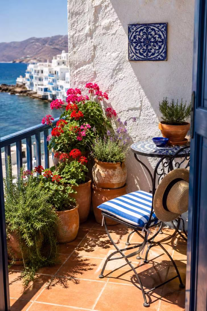 Mediterranean-styled balcony with terracotta pots of geraniums, wrought iron chair, and blue accents